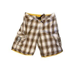 Billabong Men's Brown Plaid Board Shorts with Bottle Opener Size 34